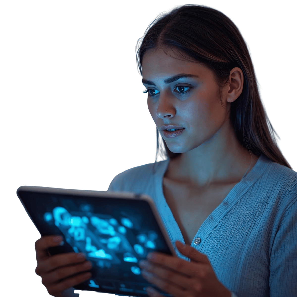 woman-interacting-with-generative-AI-chat-application-on-a-tablet- woman-interacting-with-generative-AI-chat-application-on-a-tablet-